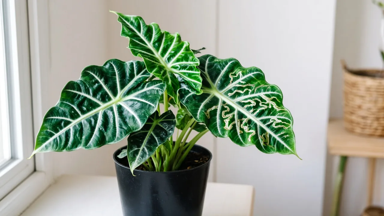 Leaf miners on Alocasia Polly - pale serpentine tunnels visible on dark green arrow-shaped African Mask leaves with white veining