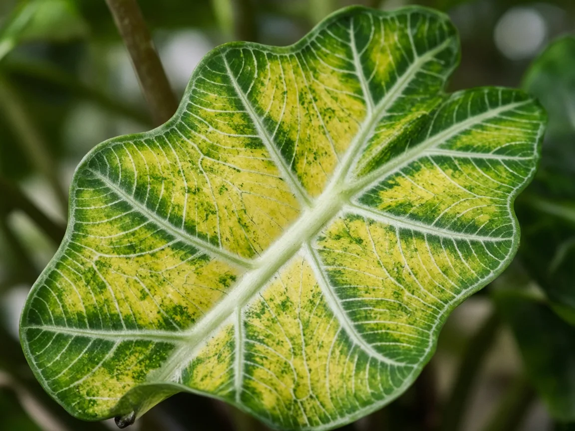 Close-up of magnesium deficiency on Alocasia Polly - interveinal chlorosis on older compact arrow leaf