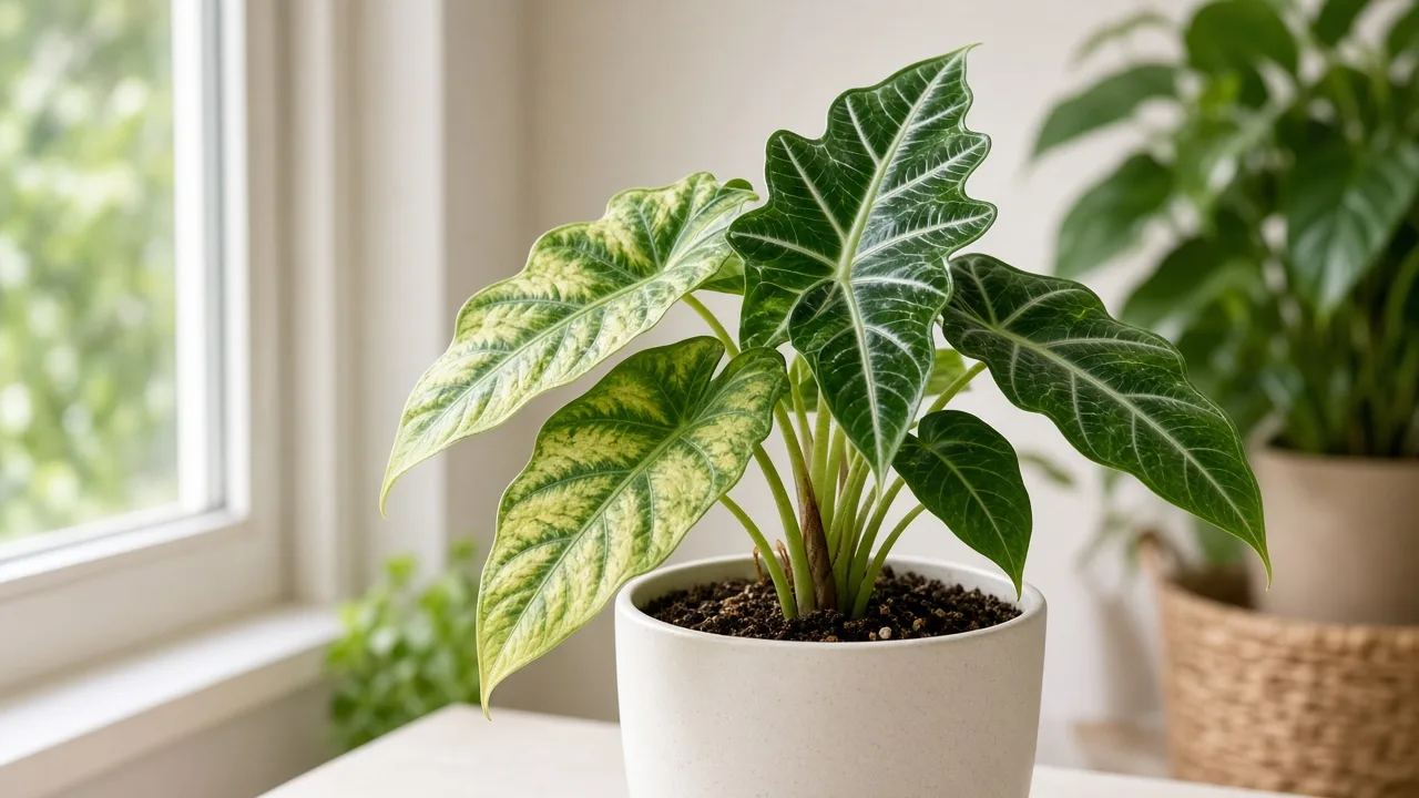 Magnesium deficiency on Alocasia Polly - yellow between green veins on older compact arrow leaf