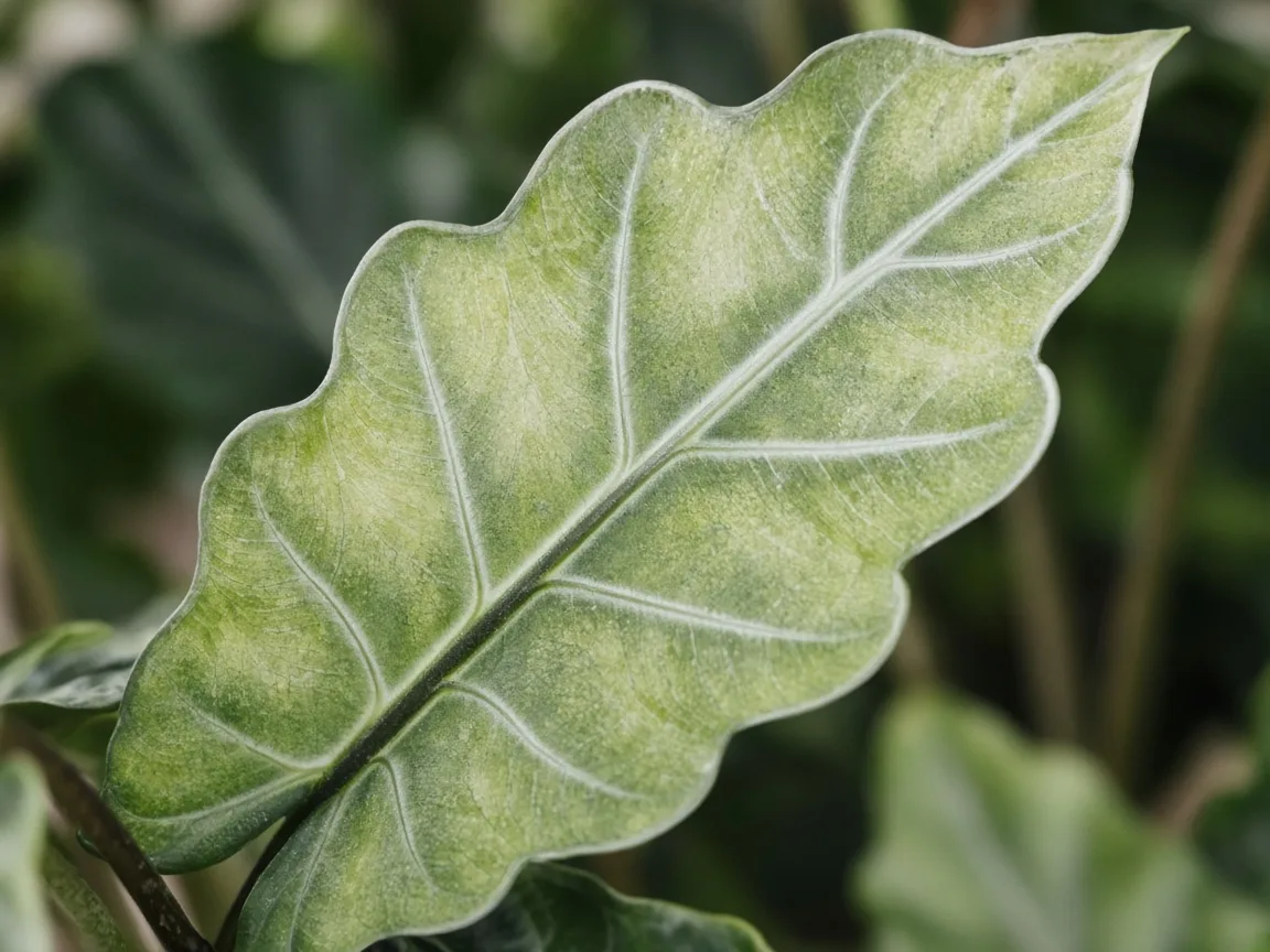 Close-up of washed-out pale color on Alocasia Polly arrow leaf with faded silver veins