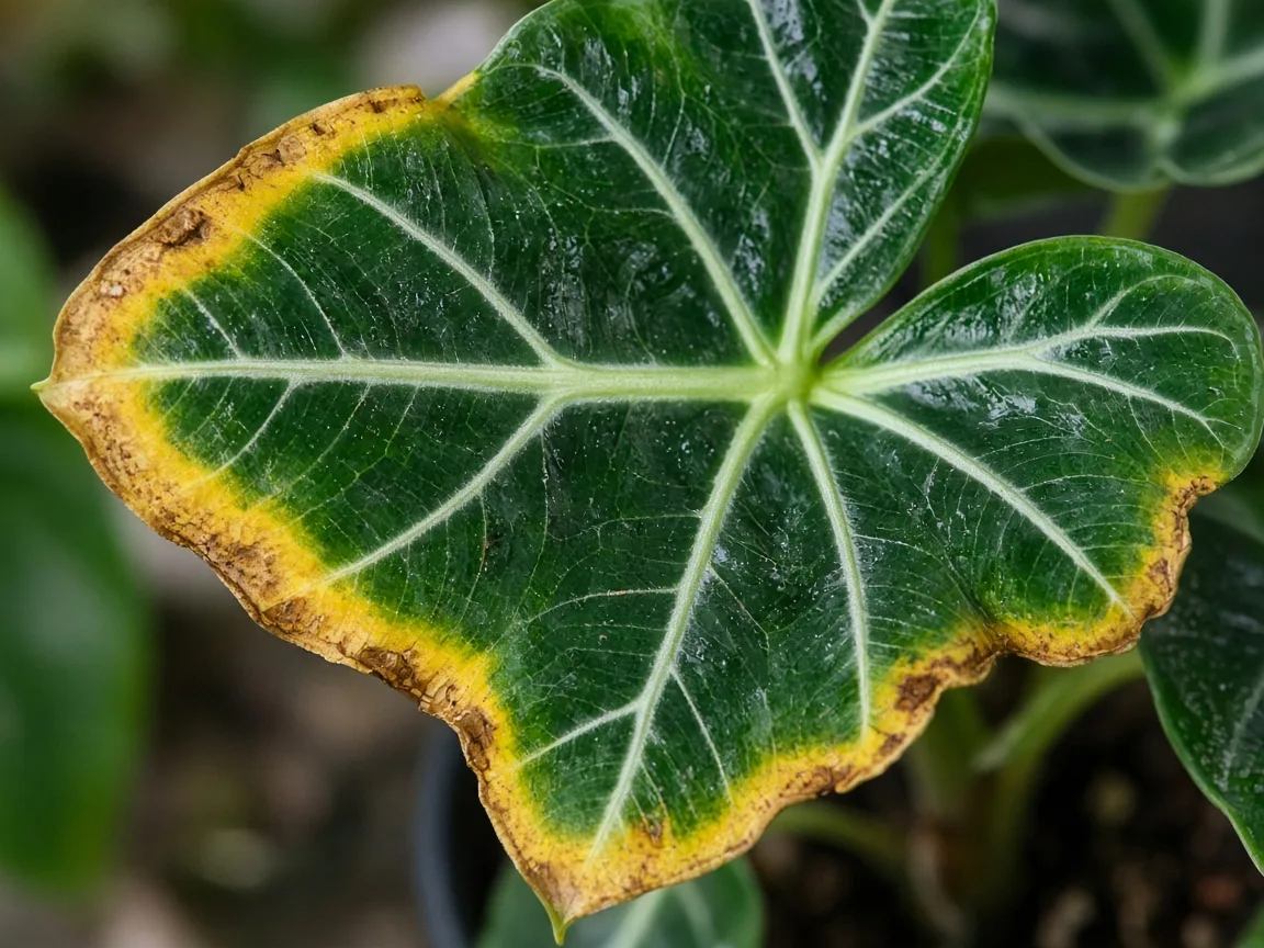 Close-up of potassium deficiency on Alocasia Polly - scorched margin on arrow-shaped leaf