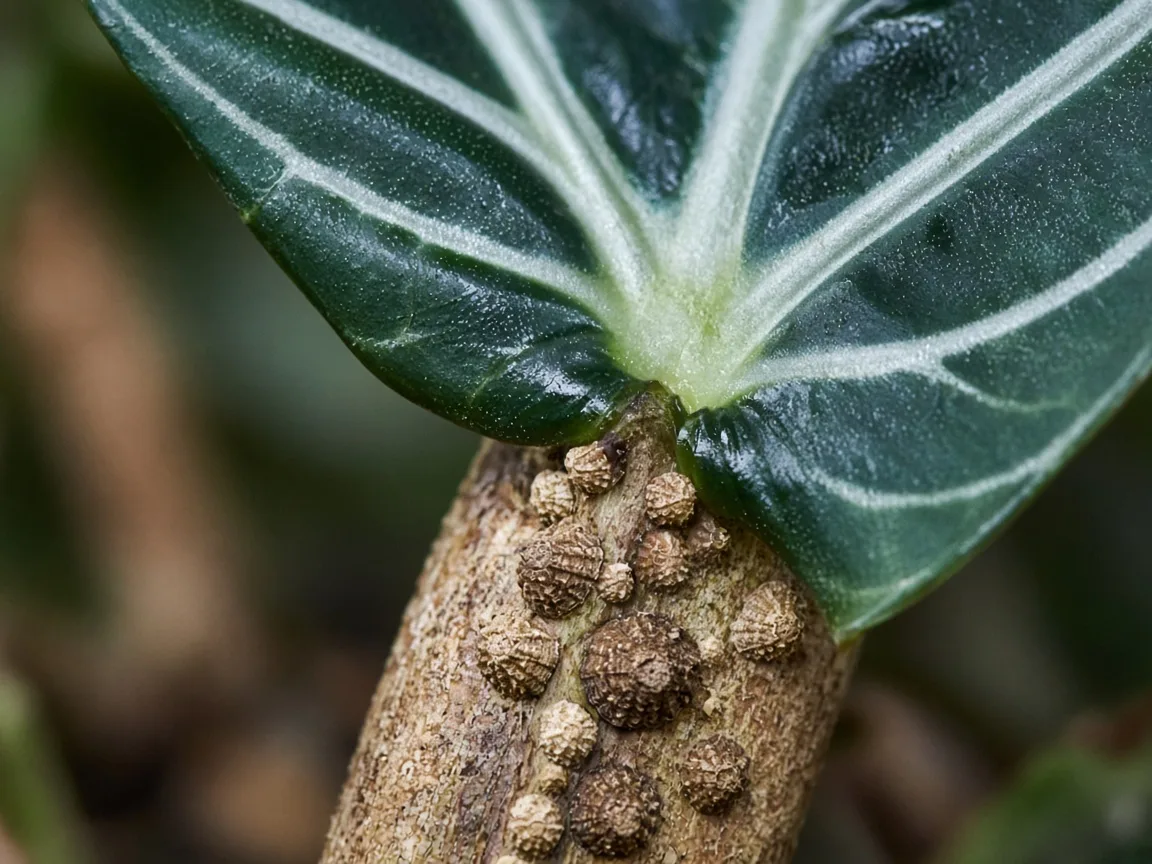 Close-up of tan scale insect bumps along the lower petiole base of an Alocasia Polly African Mask arrowhead leaf