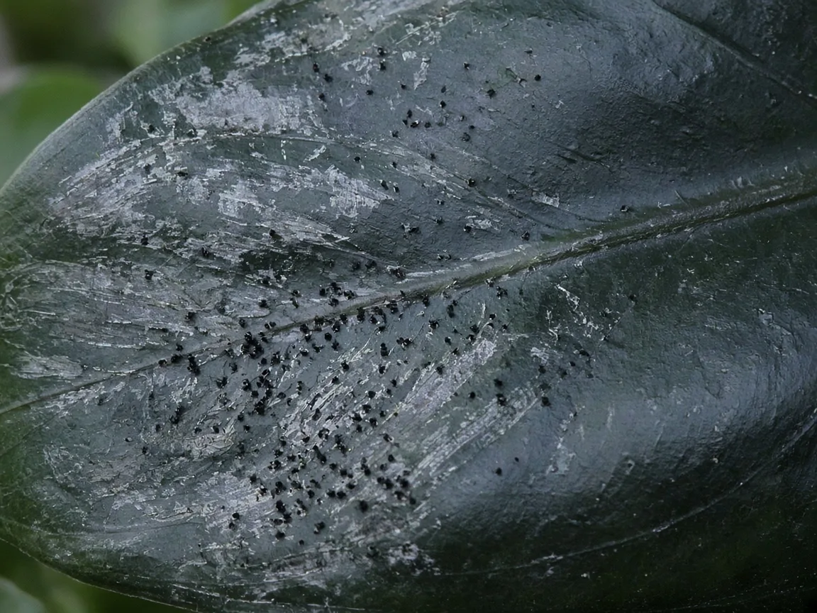 Close-up of thrips damage on Alocasia Polly - silvery streaks and black frass on a dark arrowhead leaf underside