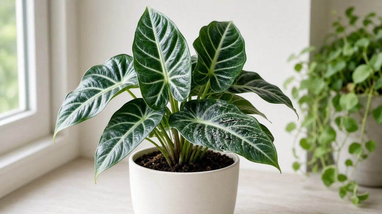 Thrips on Alocasia Polly - silvery streaks and rippled arrowhead leaves on a compact African Mask rosette
