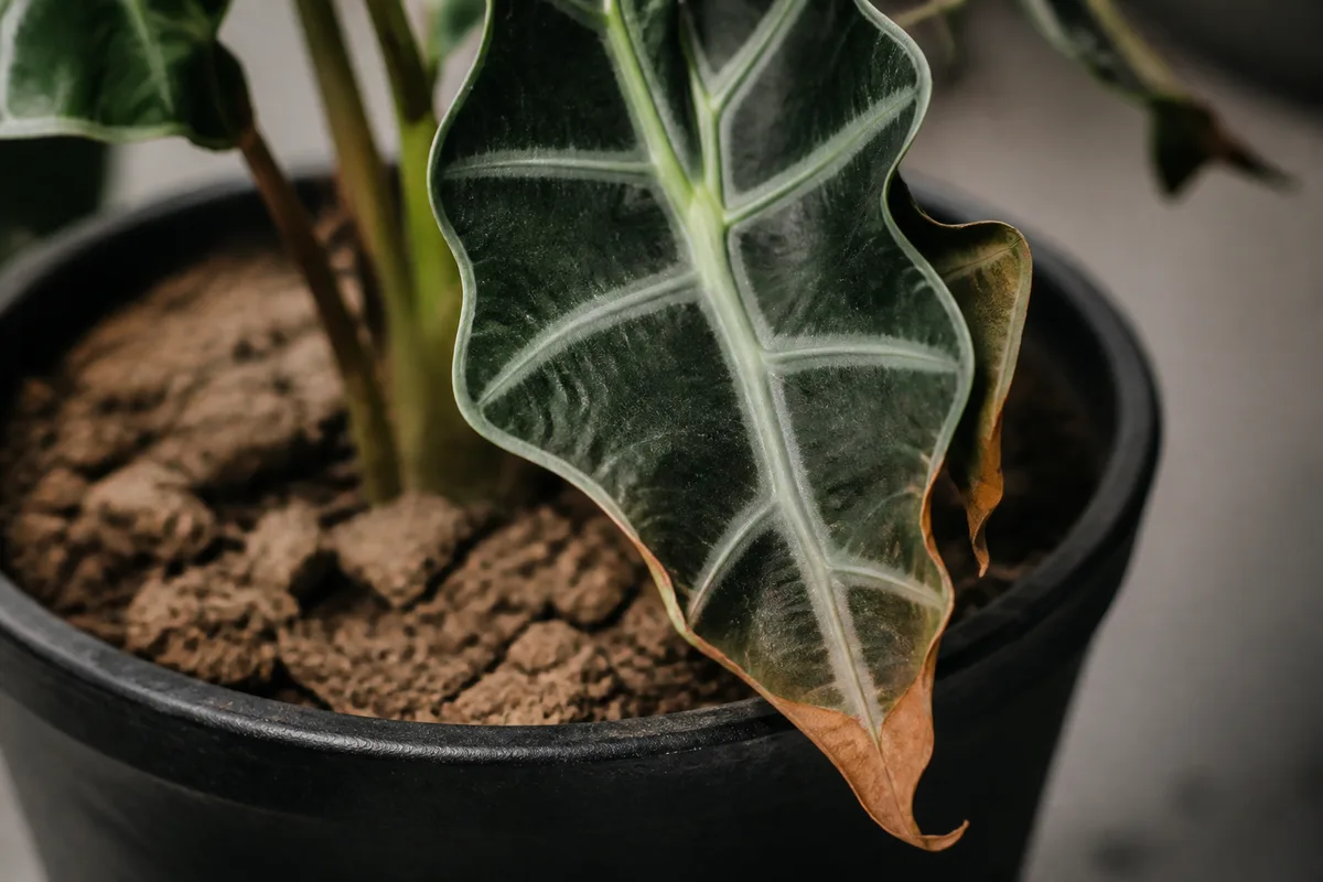 Close-up of Underwatering on Alocasia Polly - diagnostic detail