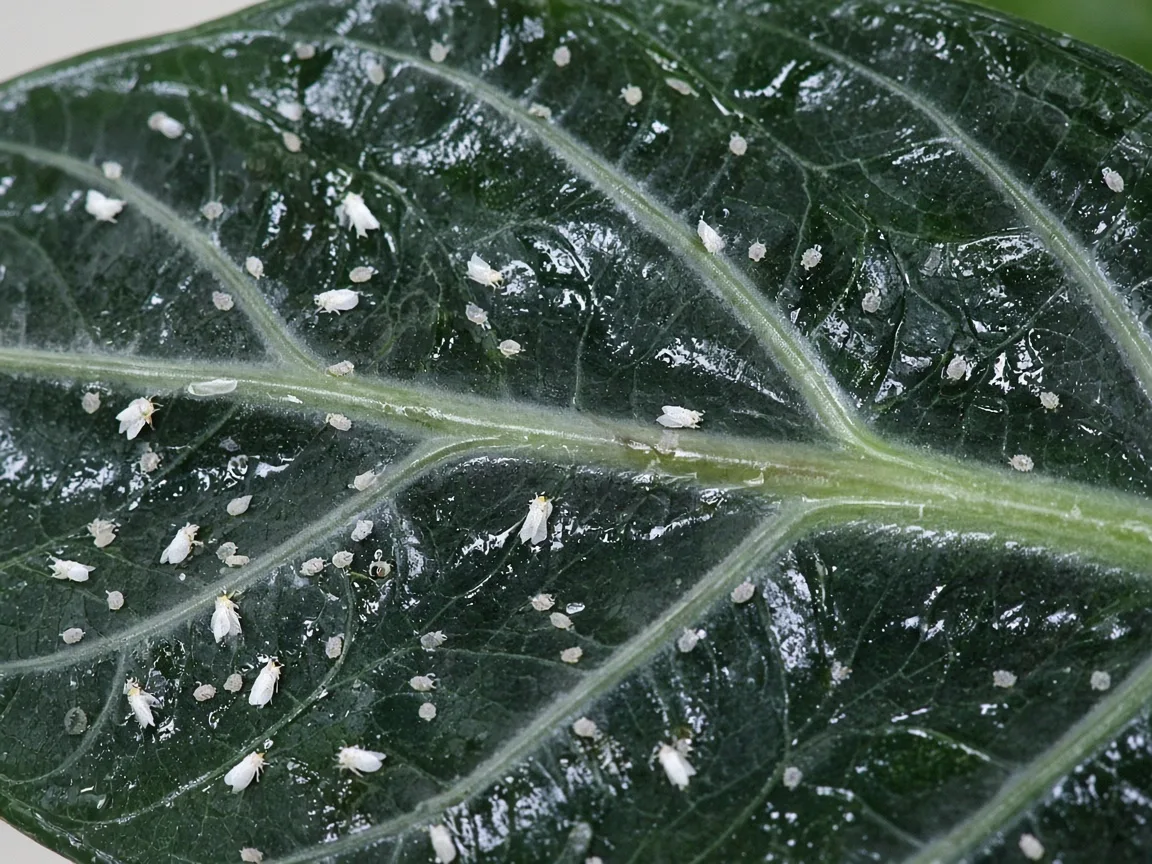 Close-up of tiny white adult whiteflies and pale nymphs on the glossy underside of a dark green Alocasia Polly arrow leaf with silver veining