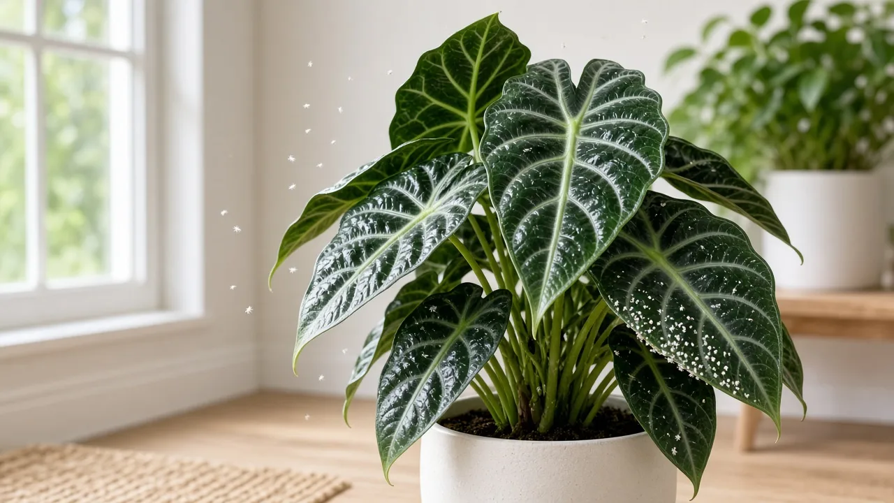 Whiteflies on Alocasia Polly - tiny white insects and nymphs on glossy undersides of dark green arrow leaves with silver veining
