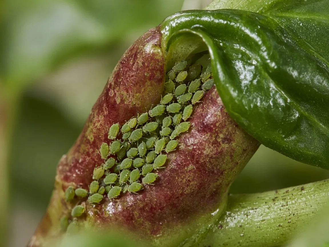 Close-up of aphids on Alocasia Stingray - diagnostic detail