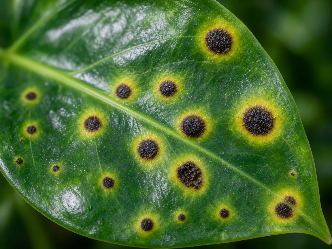Close-up of black spots on Alocasia Stingray - diagnostic detail