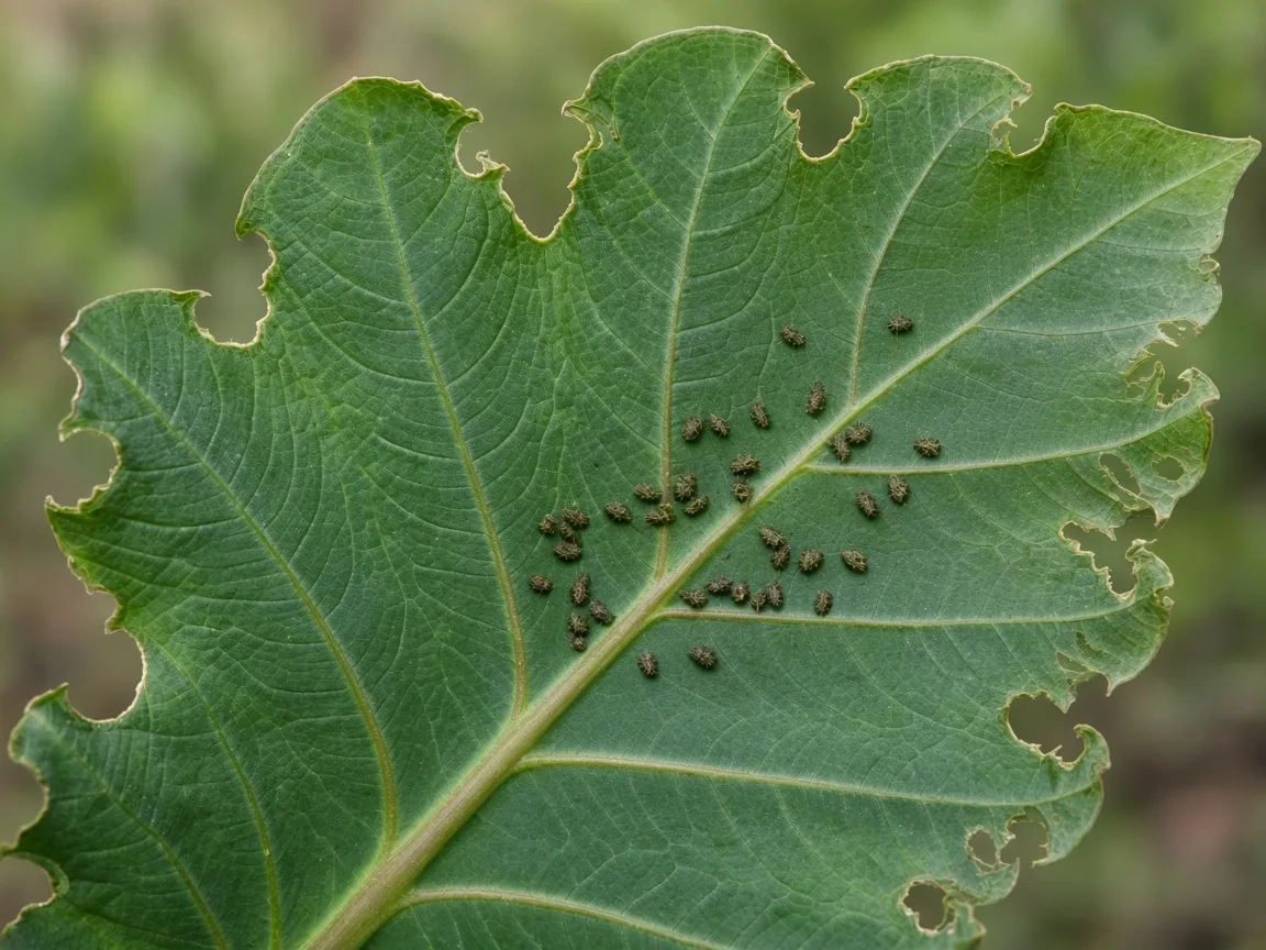 Close-up of caterpillar damage on Alocasia Stingray - irregular chewed notches on round ray-tail leaf with dark frass pellets