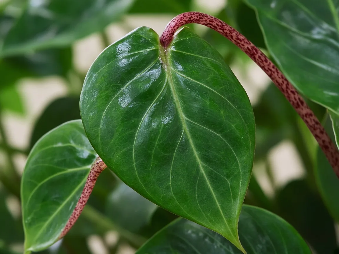 Close-up of drooping ray-tail leaves on Alocasia Stingray - long petioles bending with limp round blades