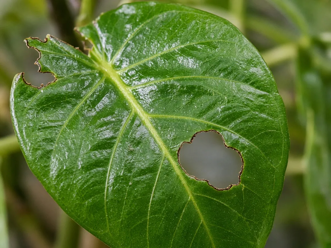 Close-up of holes in Alocasia Stingray leaf