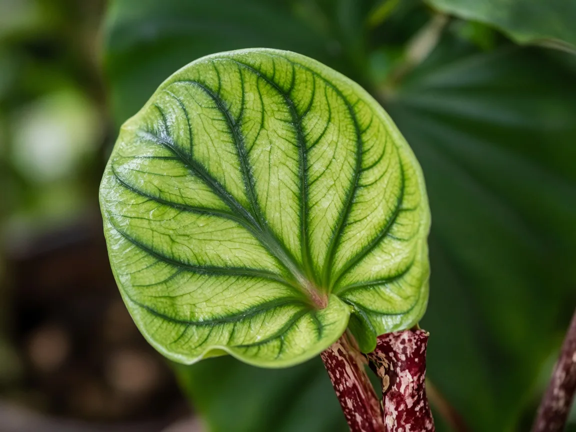 Close-up of interveinal chlorosis on new Alocasia Stingray ray-tail leaf