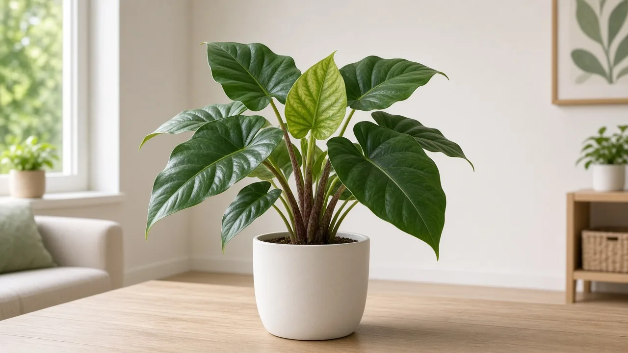 Iron deficiency on Alocasia Stingray - pale new round ray-tail leaf with dark green veins above glossy older elephant ear foliage