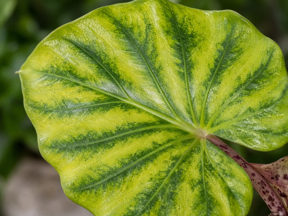 Close-up of magnesium deficiency on older Alocasia Stingray ray-tail leaf