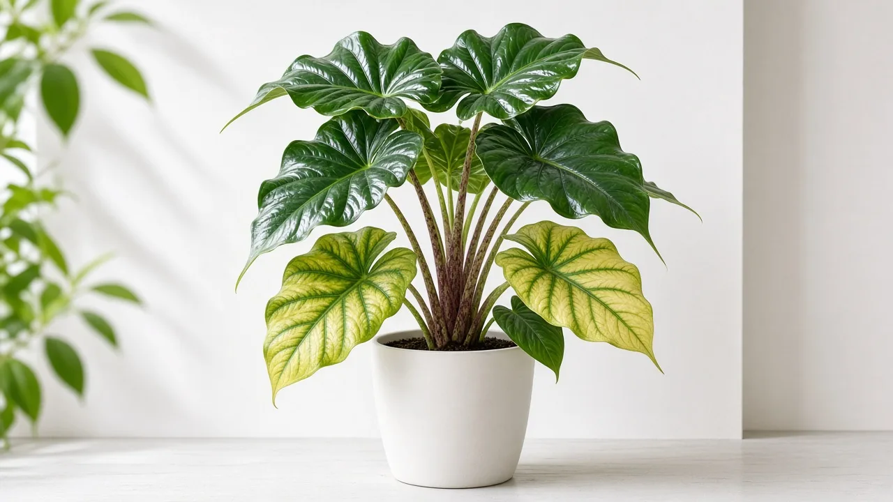 Magnesium deficiency on Alocasia Stingray - yellow between green veins on older round ray-tail elephant ear leaf