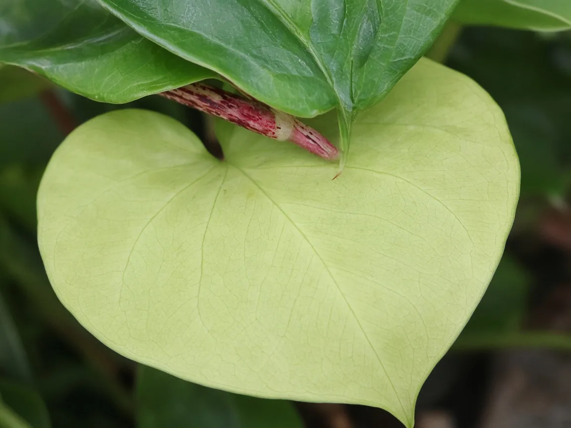Close-up of pale oldest lower Alocasia Stingray ray-tail leaf with faded gloss