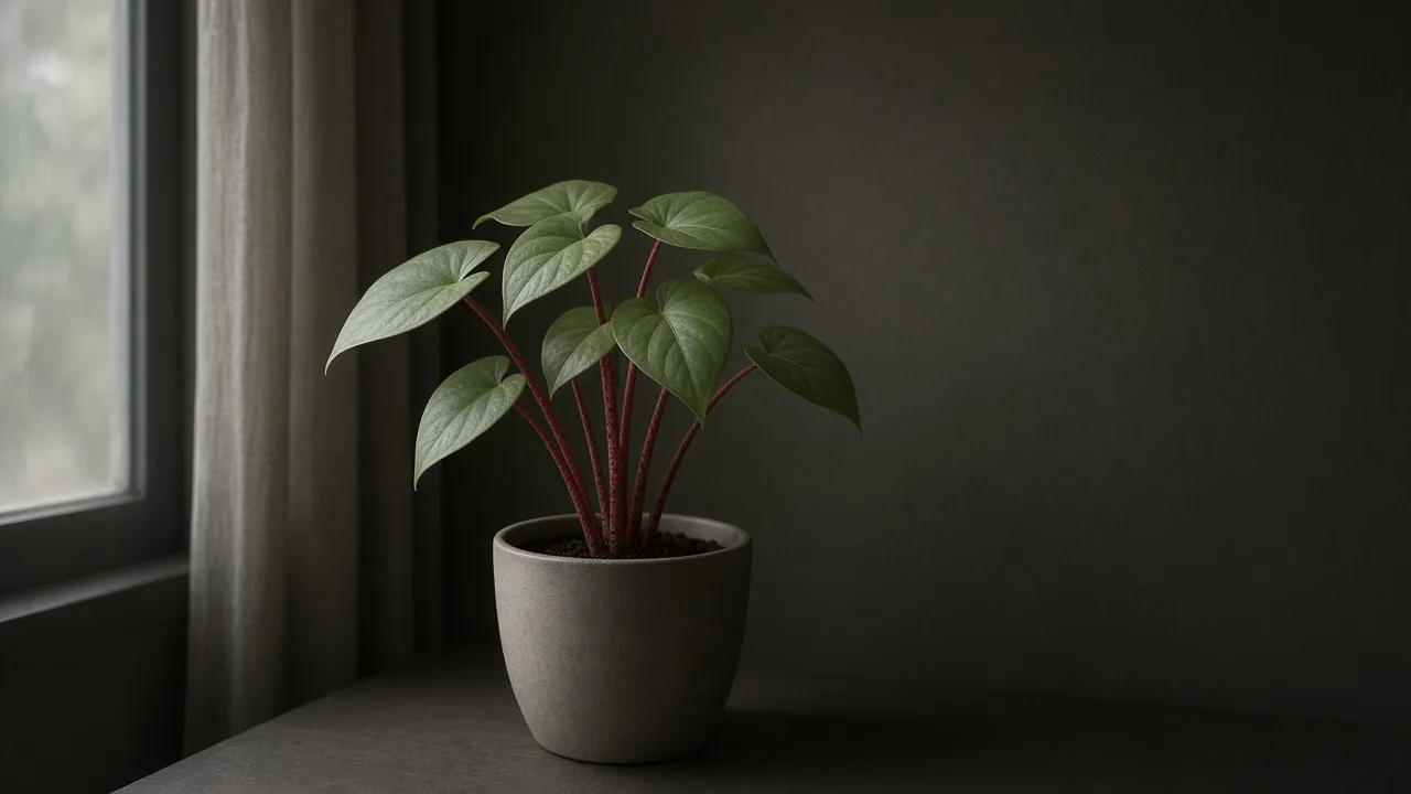Not enough light on Alocasia Stingray - leggy elephant ear with small pale ray-tail leaves stretching toward a dim window