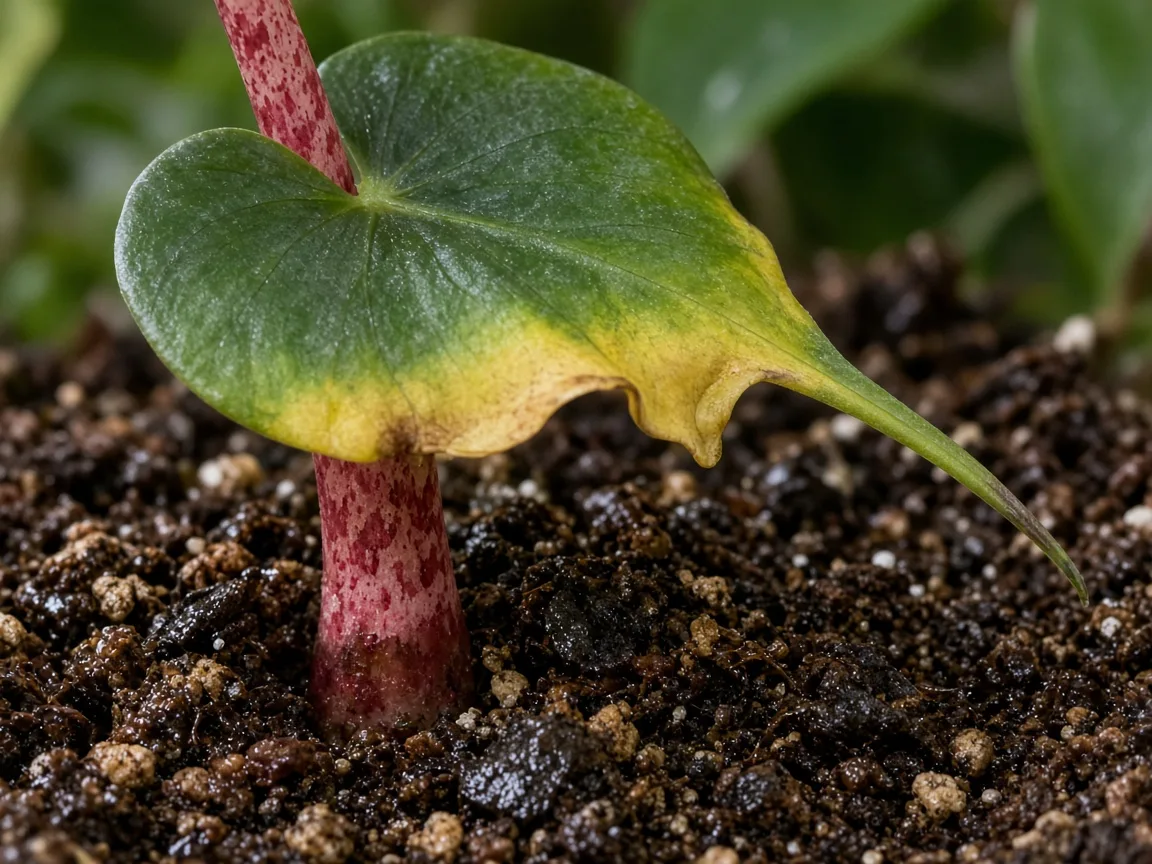 Close-up of overwatered Alocasia Stingray with yellow drooping ray-tail leaf and mushy red petiole base