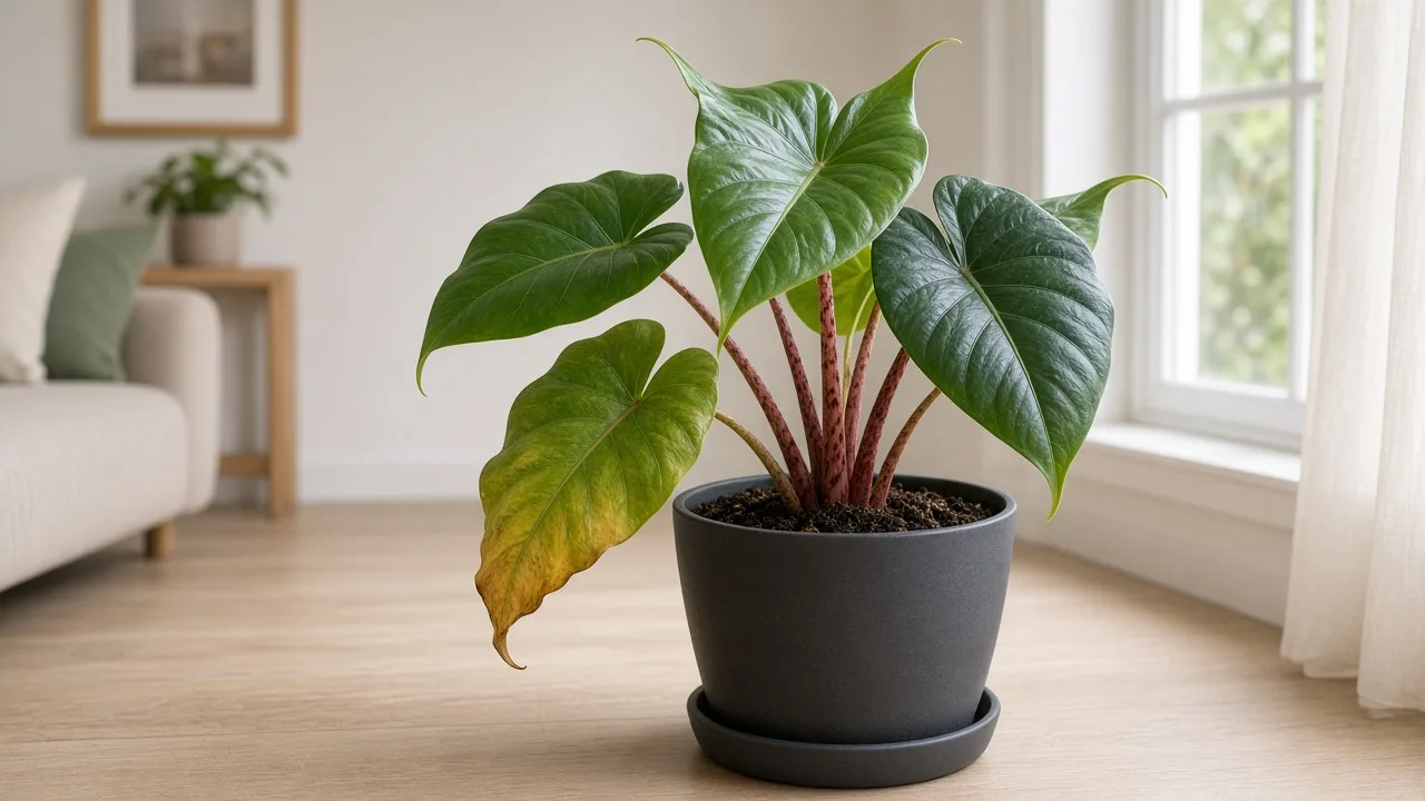 Overwatering on Alocasia Stingray - yellow drooping ray-tail leaves on wet soggy soil in a floor pot
