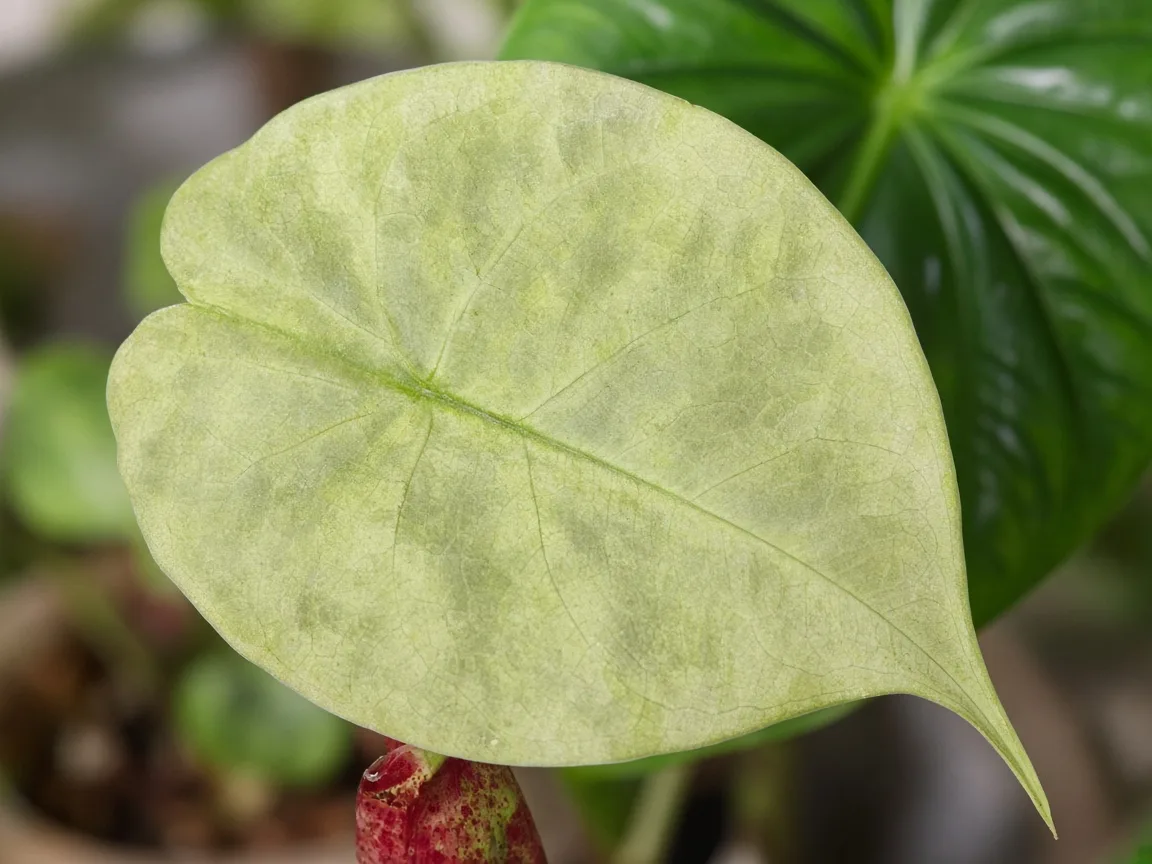 Close-up of washed-out pale color on Alocasia Stingray round ray-tail leaf