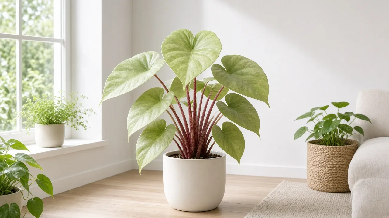 Pale leaves on Alocasia Stingray - washed-out round ray-tail foliage on red-mottled petioles above glossy elephant ear blades