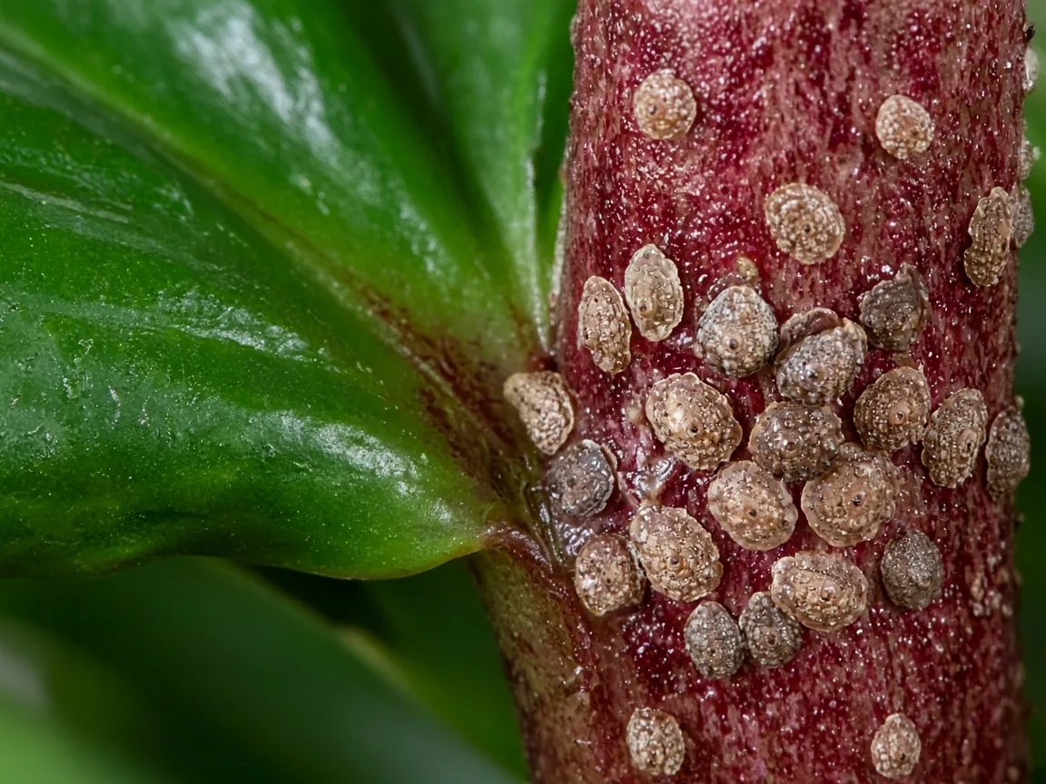 Close-up of scale insect bumps on an Alocasia Stingray red-mottled petiole