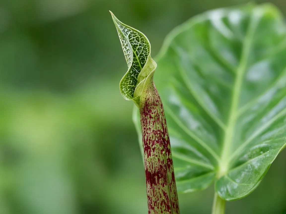 Close-up of Alocasia Stingray with a small stalled spear and tight spacing between older ray-tail leaves