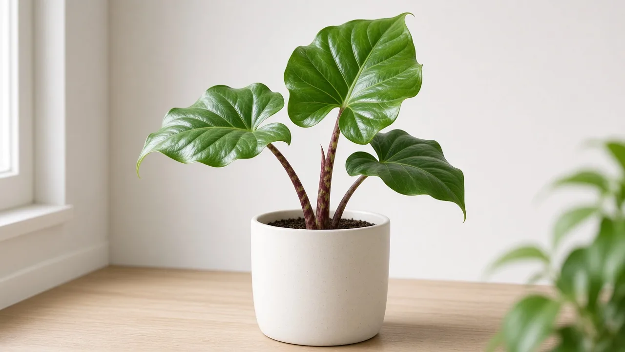 Slow growth on Alocasia Stingray - upright plant with few small ray-tail leaves and no fresh spear unfurling