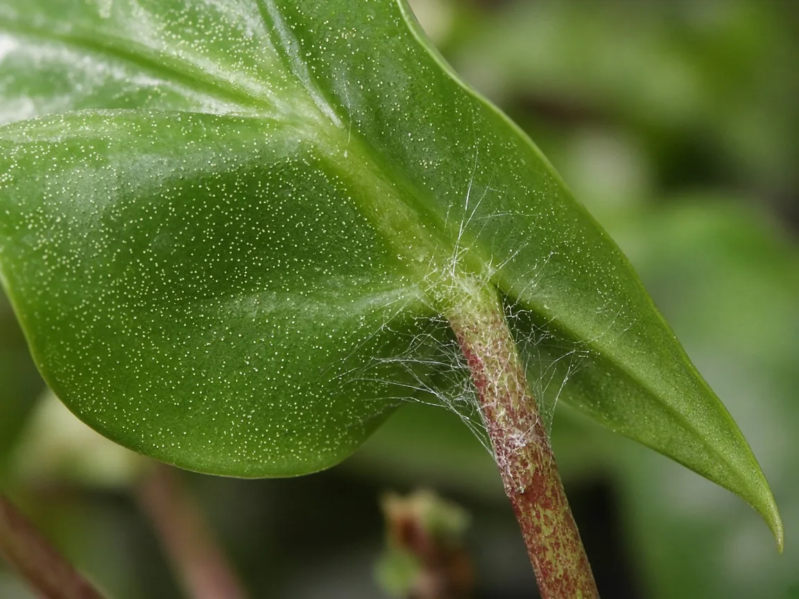 Close-up of pale stippling and fine webbing on the glossy underside of an Alocasia Stingray ray-tail leaf