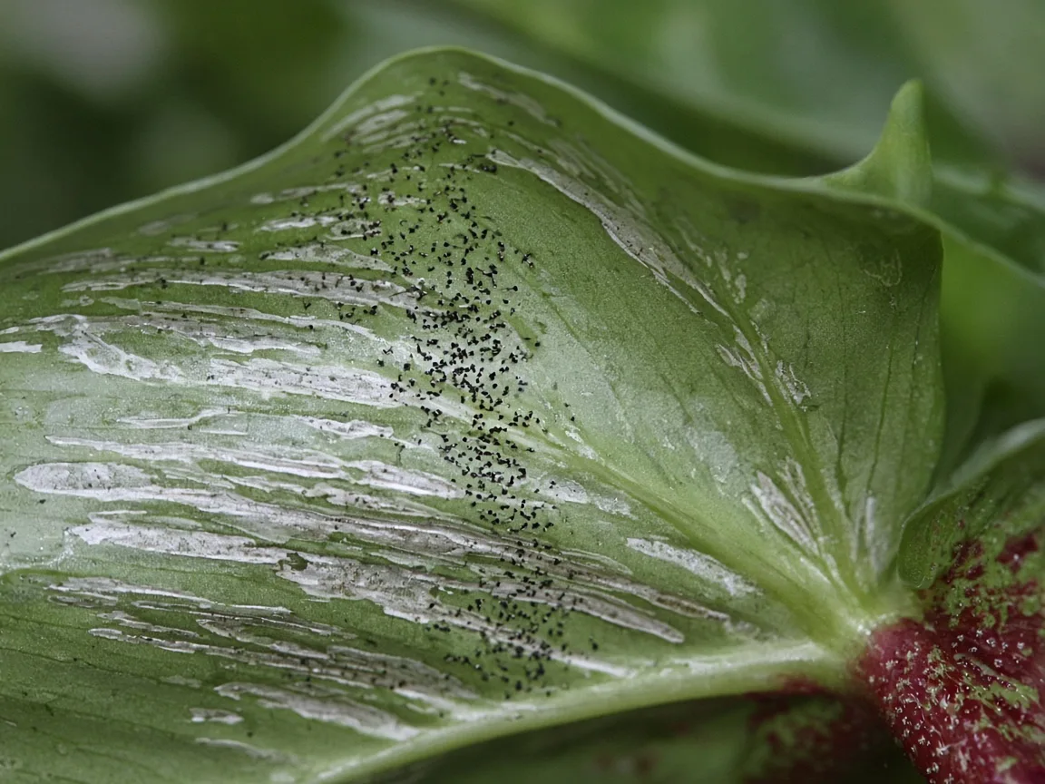 Close-up of thrips damage on Alocasia Stingray - silvery streaks and black frass on a glossy ray-tail leaf underside