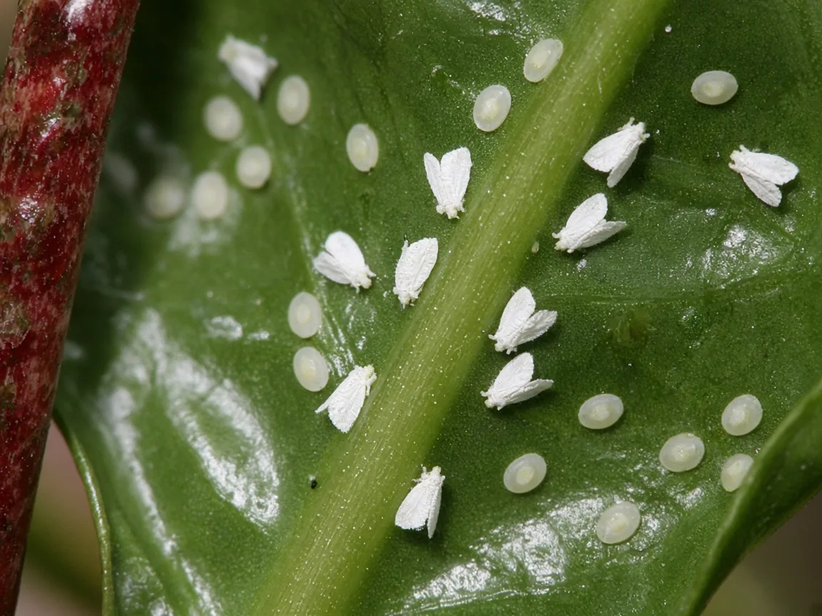 Close-up of whiteflies on Alocasia Stingray - diagnostic detail