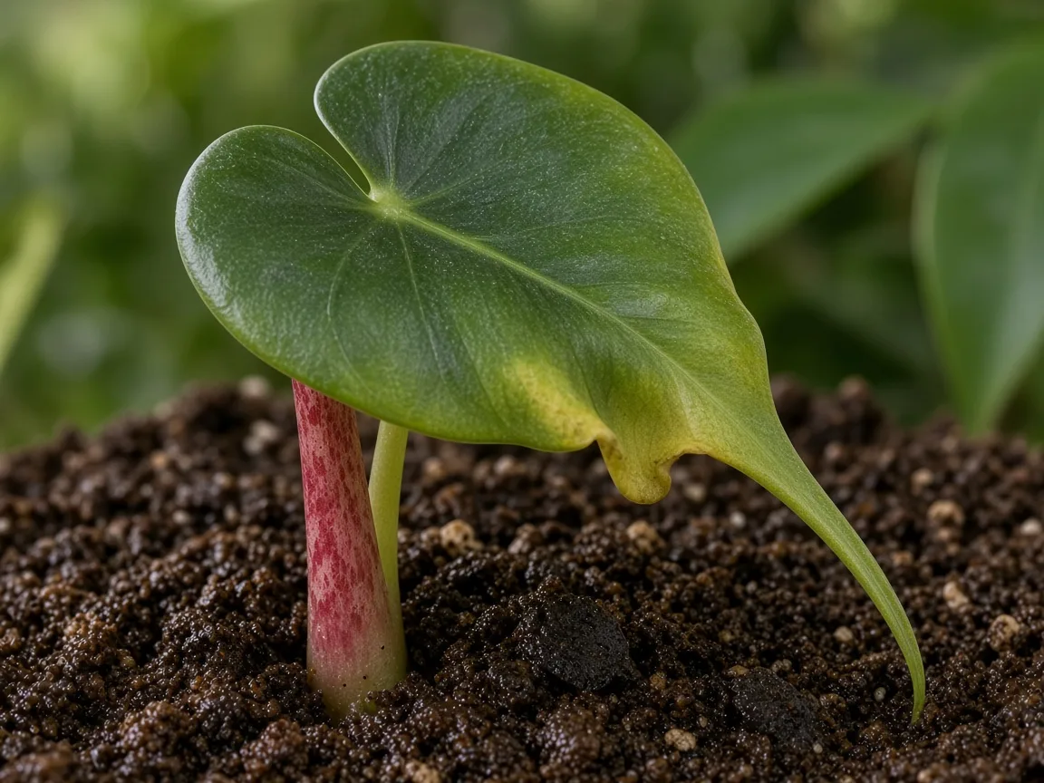 Close-up of wilting on Alocasia Stingray - soft limp ray-tail blade collapsing on red-mottled petiole