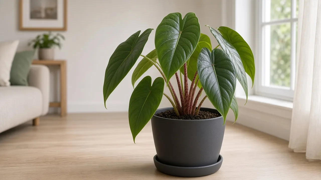 Wilting on Alocasia Stingray - collapsed ray-tail leaves with limp red-mottled petioles on floor elephant ear