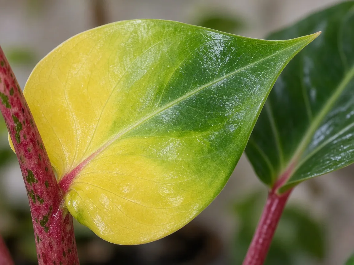 Close-up of yellowing oldest ray-tail leaf on Alocasia Stingray with firm red-mottled petiole
