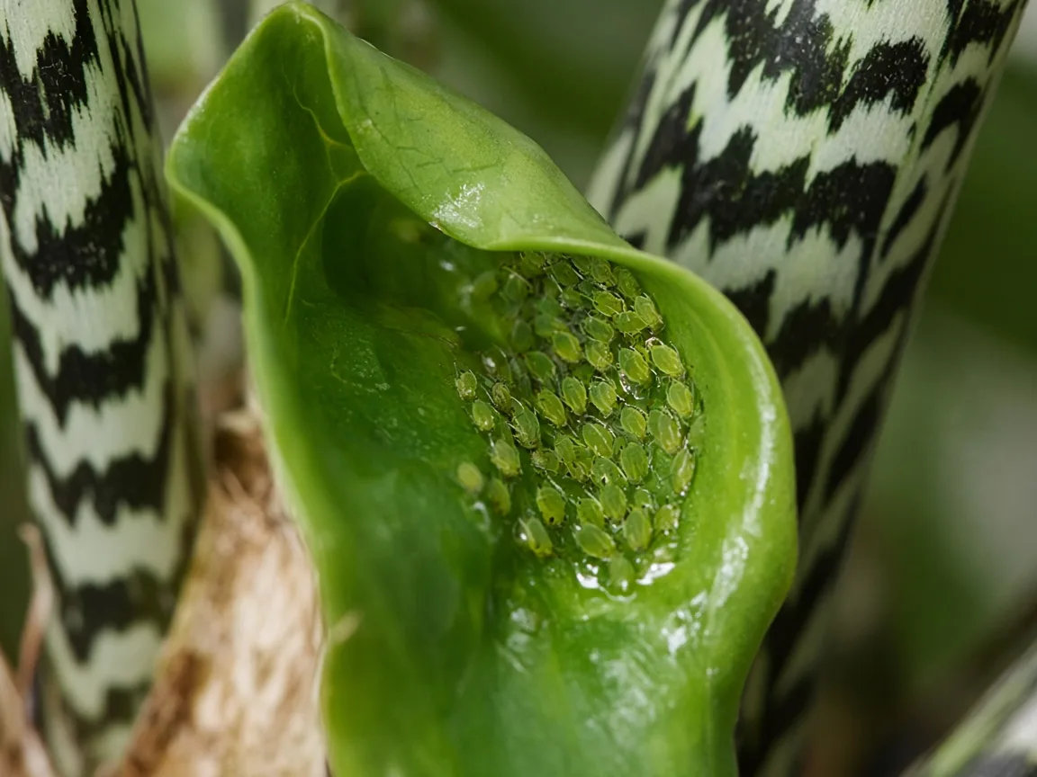 Close-up of soft green aphids clustered at the base of a zebra-striped Alocasia Zebrina petiole where a glossy arrow leaf is unfurling
