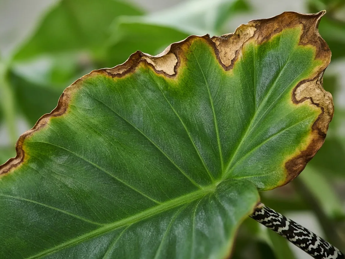 Illustrative close-up of a browned Alocasia Zebrina arrow-shaped leaf beside healthy green tissue and a zebra-striped petiole