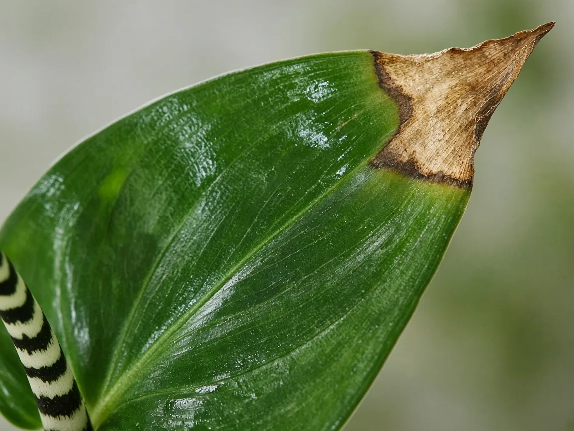 Close-up of dry brown tips on an Alocasia Zebrina arrow leaf beside healthy green tissue and a zebra-striped petiole