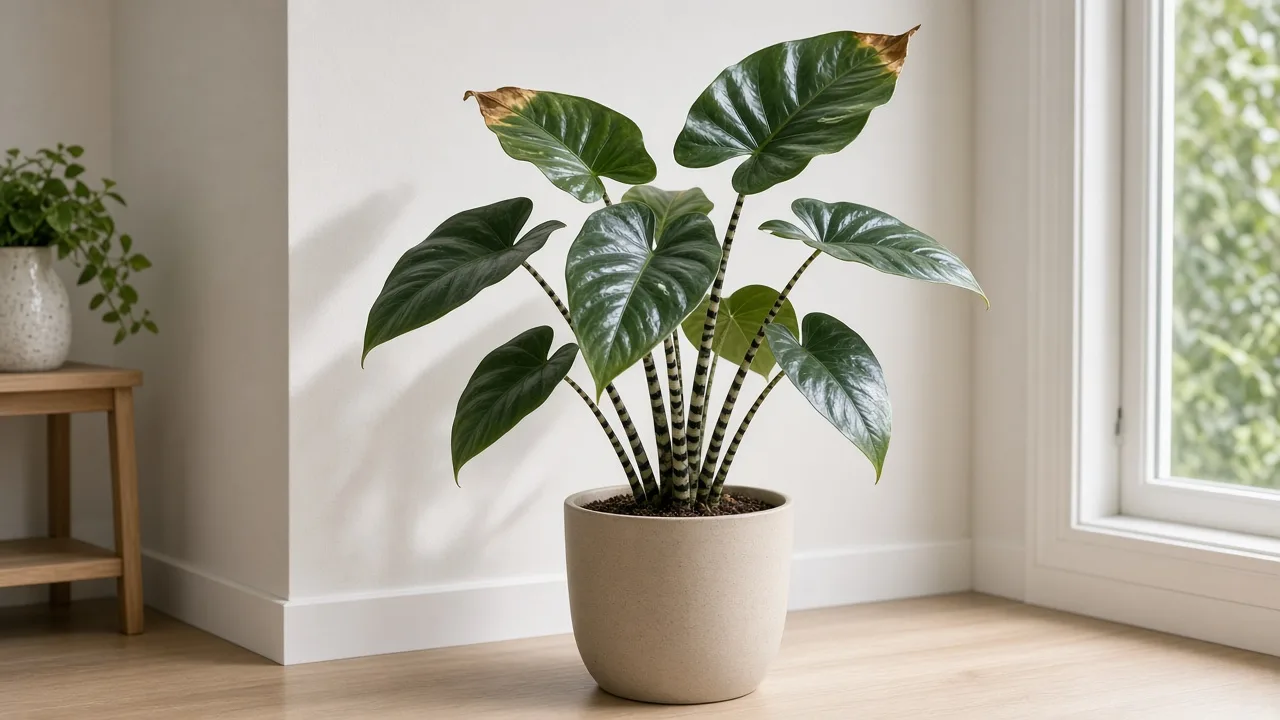 Alocasia zebrina with dry brown tips on otherwise green leaves in an indoor window setting