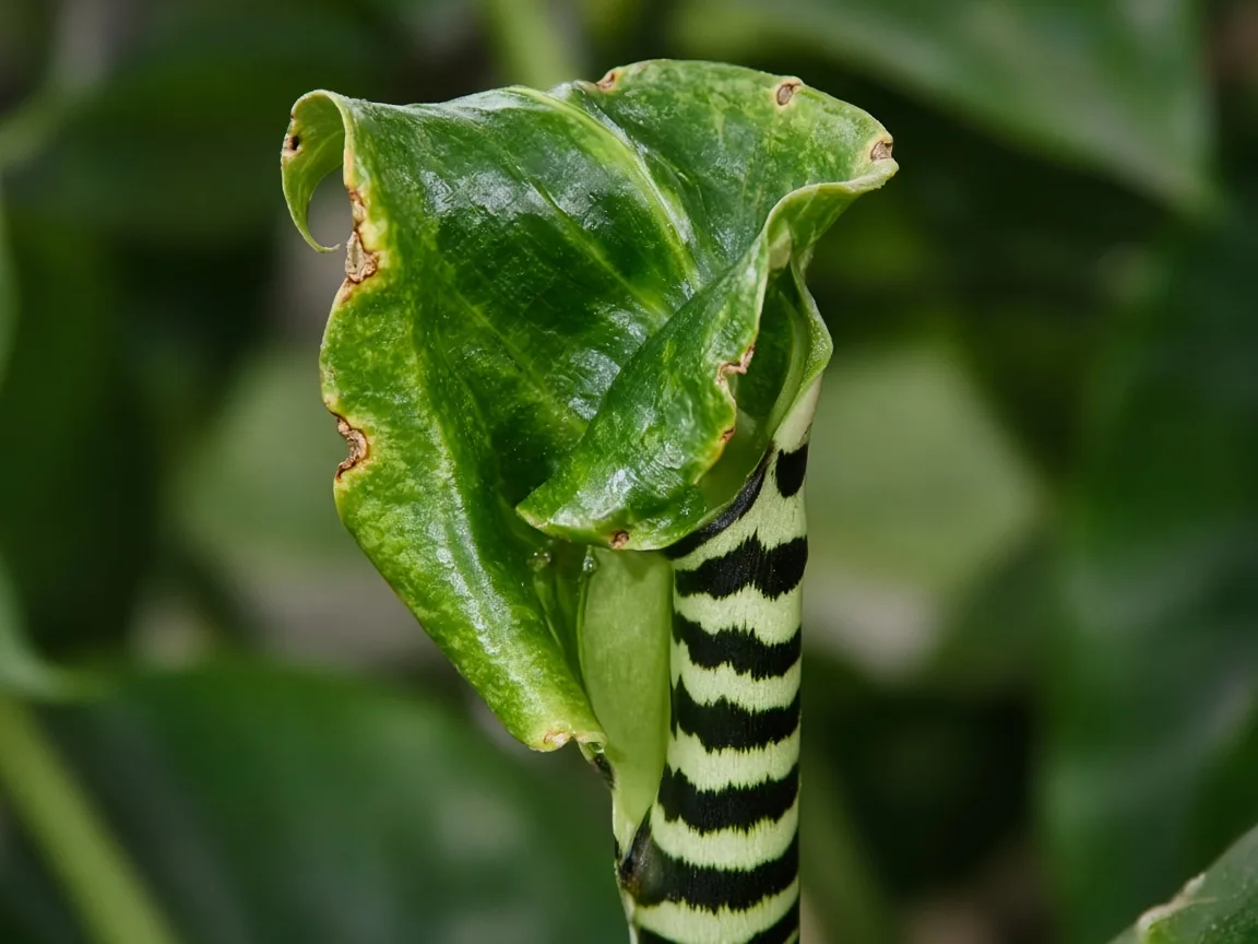 Close-up of cupped margins on a new unfurling Alocasia Zebrina arrow leaf