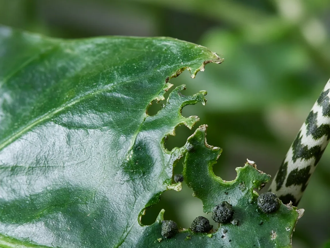Close-up of caterpillar damage on Alocasia Zebrina - irregular chewed notches on glossy arrow leaf with dark frass pellets on zebra-striped petiole