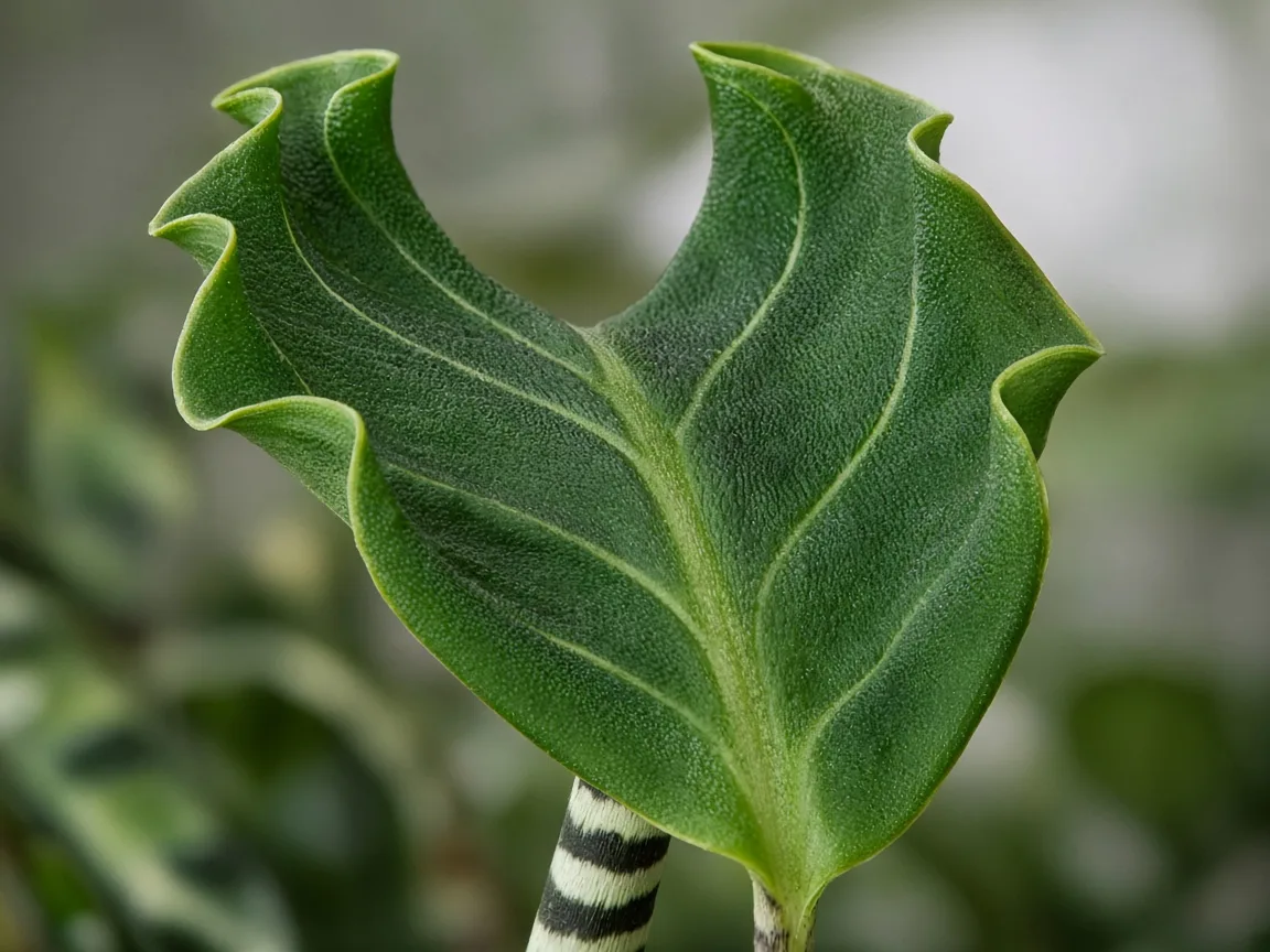 Close-up of curling leaves on Alocasia Zebrina — cupped arrow blade on striped petiole