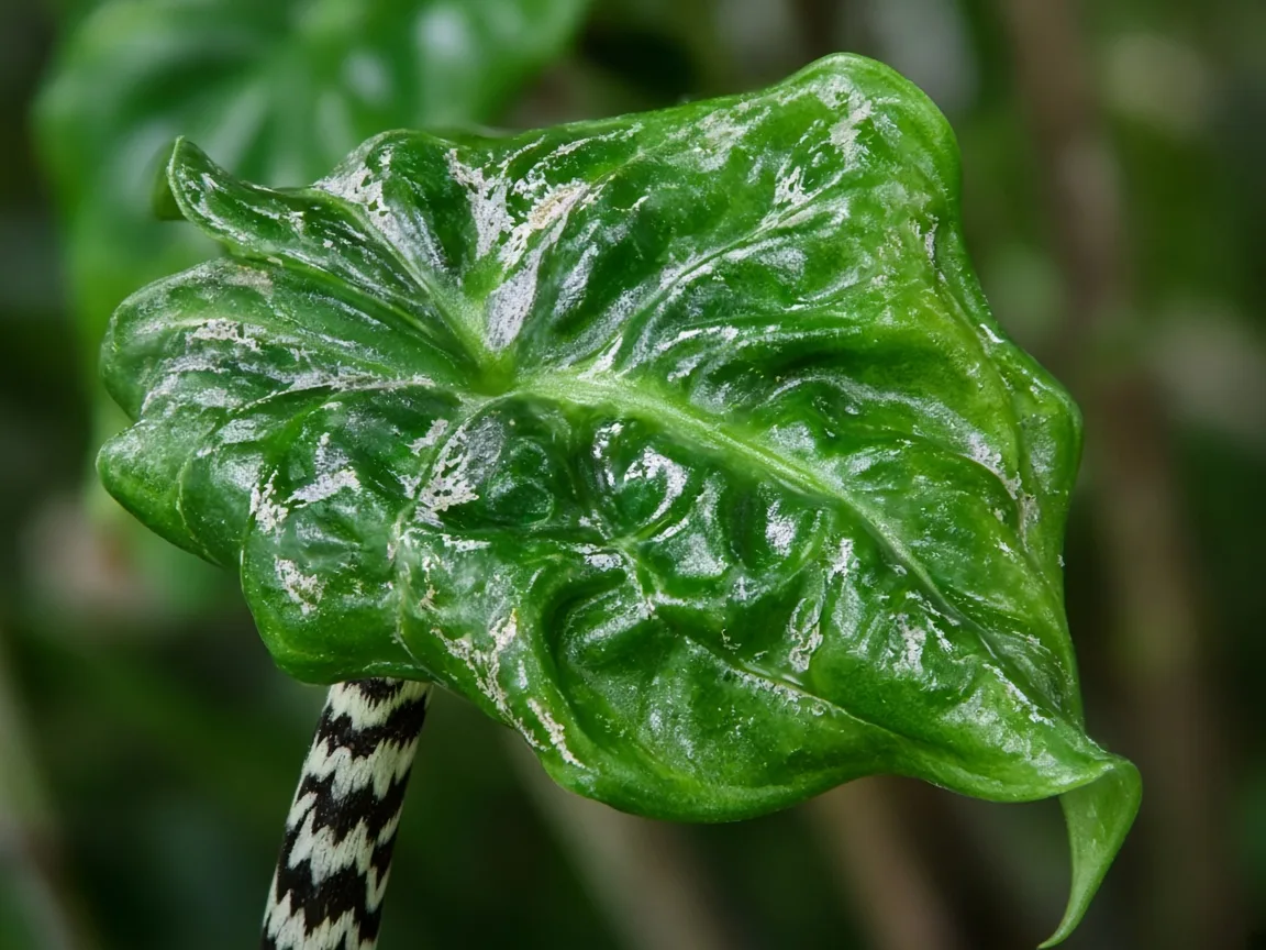 Close-up of distorted leaves on Alocasia Zebrina - twisted puckered arrow blade with silver scarring on zebra-striped petiole