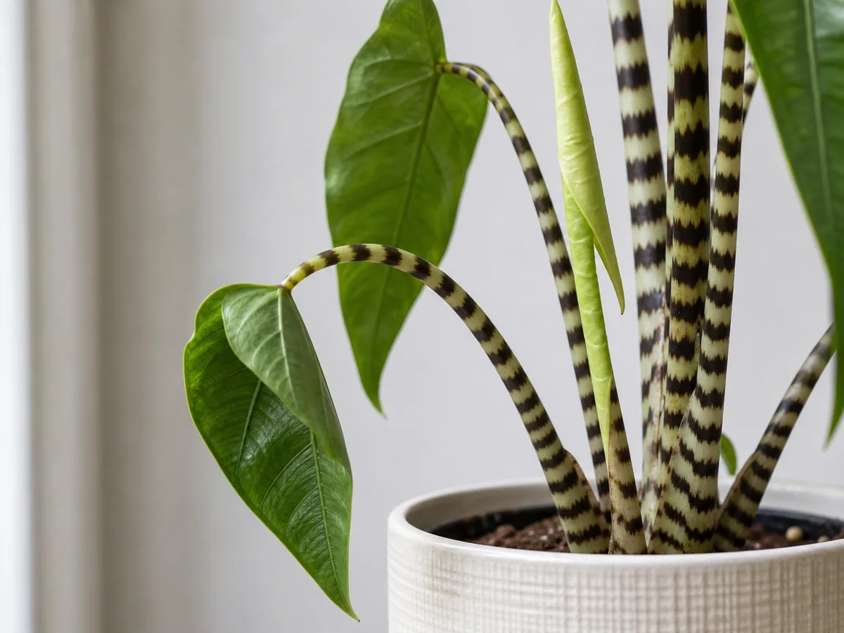 Illustrative close-up of drooping Alocasia Zebrina leaves and bowed striped petioles