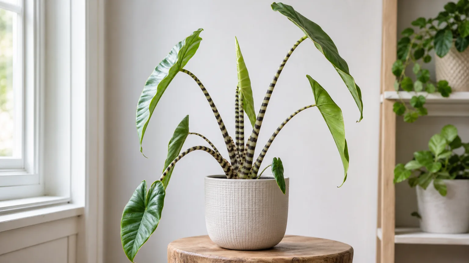 Illustrative Alocasia Zebrina with green arrow-shaped leaves drooping on bowed zebra-striped petioles