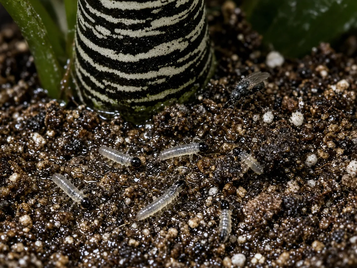 Close-up of fungus gnats on damp Alocasia Zebrina potting mix near zebra-striped petiole bases