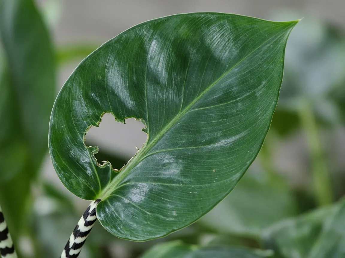 Close-up of holes in Alocasia Zebrina leaf