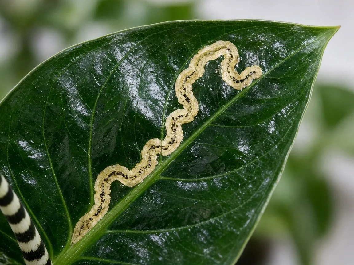 Close-up of leaf miner serpentine tunnel inside Alocasia Zebrina glossy arrow leaf on zebra-striped petiole