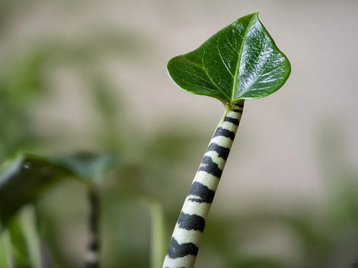Close-up of leggy growth on Alocasia Zebrina - elongated zebra-striped petiole with wide gap before a small arrow leaf