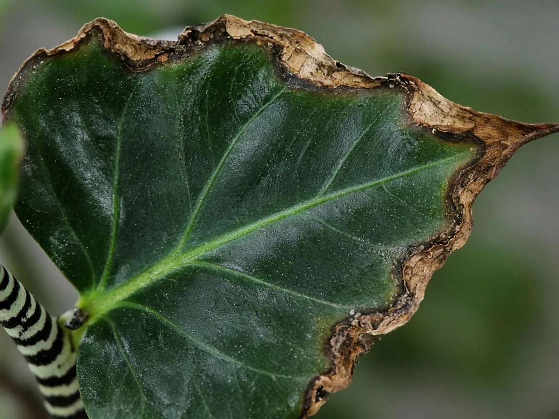 Close-up of low humidity on Alocasia Zebrina — papery brown margins on a glossy arrow leaf beside a zebra-striped petiole